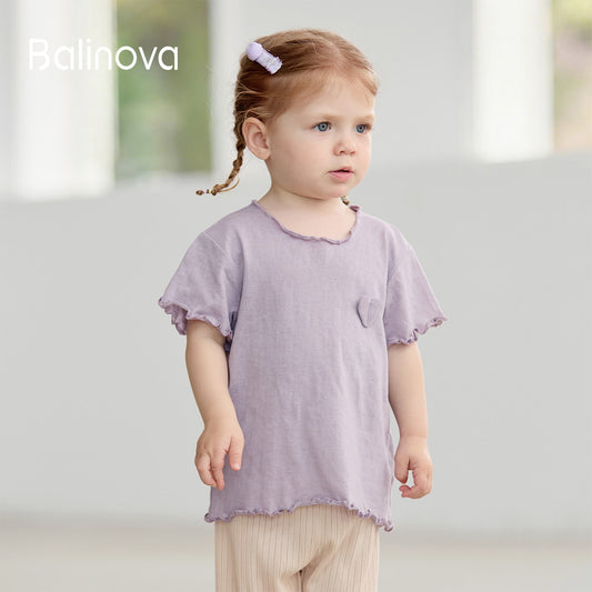 Balinova Toddler Girls Tencel Modal Short Sleeve Tops, Soft Ruffle Trim Breathable Shirts for Summer